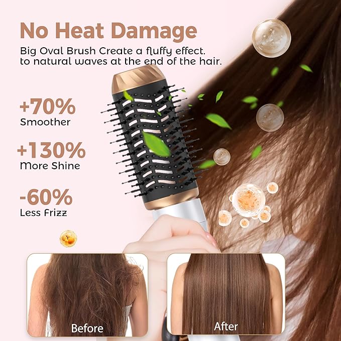 6 in 1 Air Styler Magic Hair Dryer Brush, Negative Ionic Blow Dryer Brush & 3 Heat Settings, Detachable Auto Curling & Straightening Volumizing, Frizz-Free Styling, Salon to Home Use (A-White-Pink)