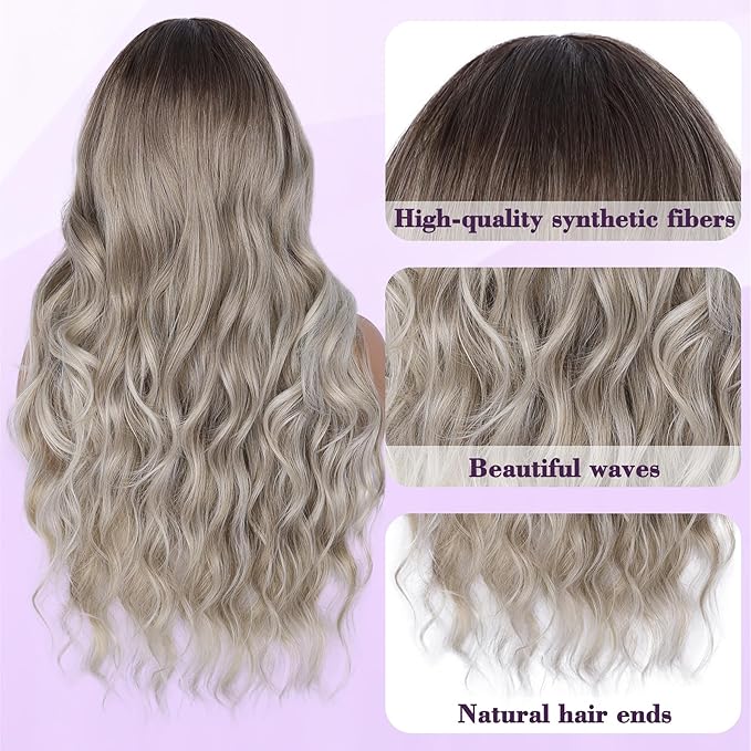 NAYOO Long Ombre Dirty Blonde Wavy Wig for Women 26 Inch Middle Part Lace Hairline Curly Wavy Wig Natural Looking Synthetic Heat Resistant Fiber Wig for Daily Party Use
