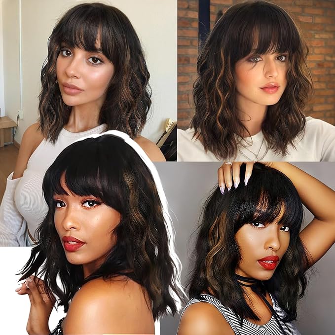 Nnzes Black Mixed Brown Wig with Bangs Short Bob Wavy Wigs Synthetic Curly Wig for Women Natural Looking Heat Resistant Fiber Hair for Daily Party Use