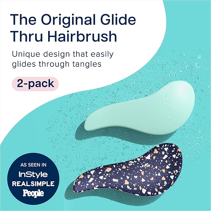 Crave Naturals Glide Thru Detangling Hair Brushes for Women - Detangler Brush for Curly or Straight, Wet or Dry Hair - Gentle on Tangles Comb - 7.5x3-Inch, Turquoise and Terrazzo (Pack of 2)