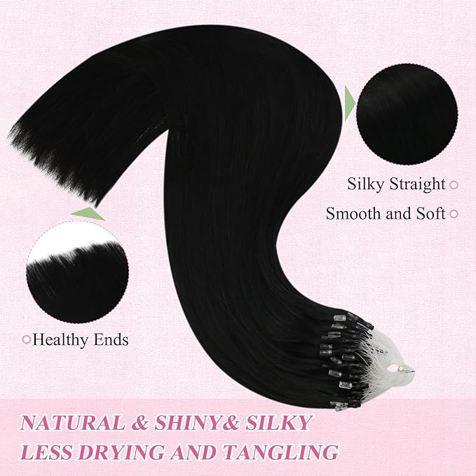 YoungSee Micro Link Hair Extensions Human Hair Black Microbead Hair Extensions Jet Black Micro Loop Hair Extension Human Hair 18 Inch 1g/s 50g Micro Hair Extension #1 for Everyday Wear