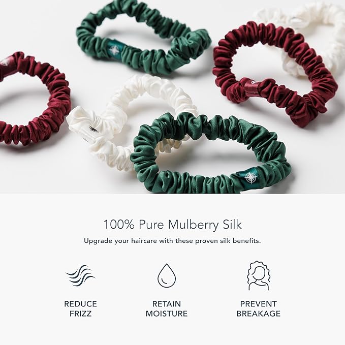 Fishers Finery 25 Momme Pure Mulberry Silk Skinny Scrunchies | Hair Tie Set for Thin Hair (Red|Green|White - 6 Pk)