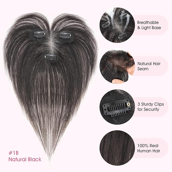 Hairro Human Hair Toppers with Wispy Bangs, 3D 360° Seamless Real Hair Toppers, Hand-Tied with 3.5"x4.7" T-shaped Base, Clip-In Hairpieces to Add Volume on Top, 11 Inch Natural Black