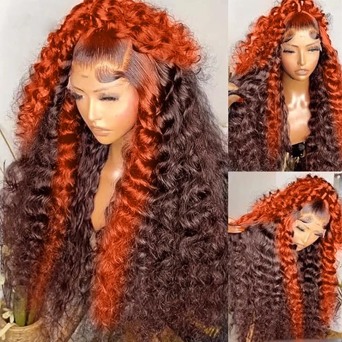 250 density Ginger Deep Wave Lace Front Wigs Human Hair Pre Plucked Hairline Glueless Wigs for Women 13x6 HD Lace Front Wigs Ginger Orange Curly Human Hair Wig Brazilian Hair 28 Inch
