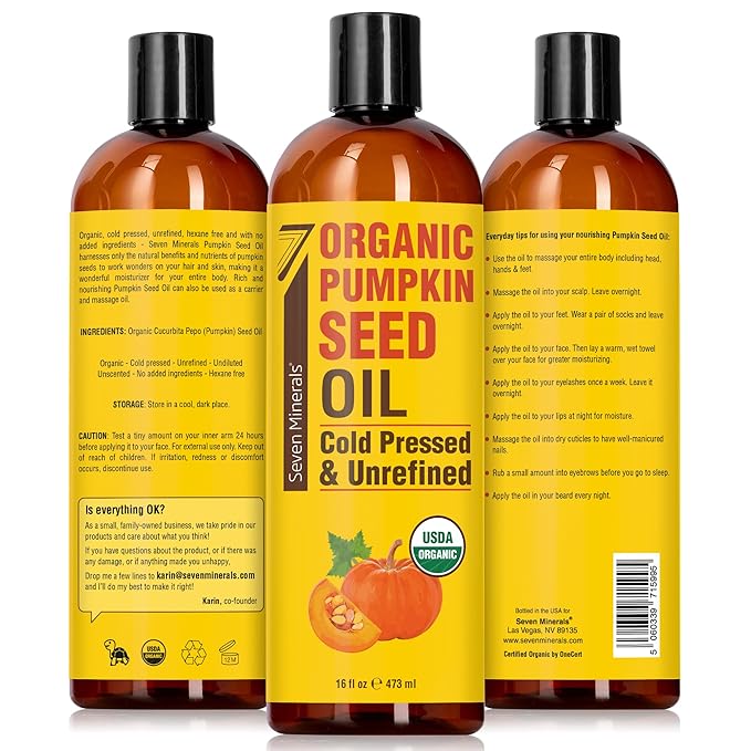 Seven Minerals NEW Pumpkin Seed Oil for Hair Growth, Face, & Body - Big 16oz Bottle - USDA Organic, Cold-Pressed & Hexane Free - Lightweight, Non-Greasy, & Deeply Moisturizing for Scalp, Skin