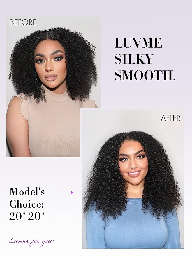 LUVME Seamless Clip in Hair Extensions Human Hair Kinky Curly 135g 7pcs 20 Inch Clip in Hair Extensions with Soft Invisible PU Weft Natural Black Hair for Women
