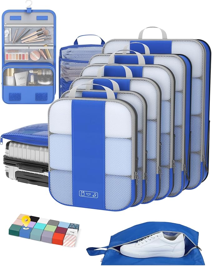 10 Set Compression Packing Cubes for Travel Essentials,Compressible Expandable Packing Cubes for Suitcase,OlarHike Luggage Organizer Bags for Travel,Handy Helper for Organizing Clothes(Klein Blue)
