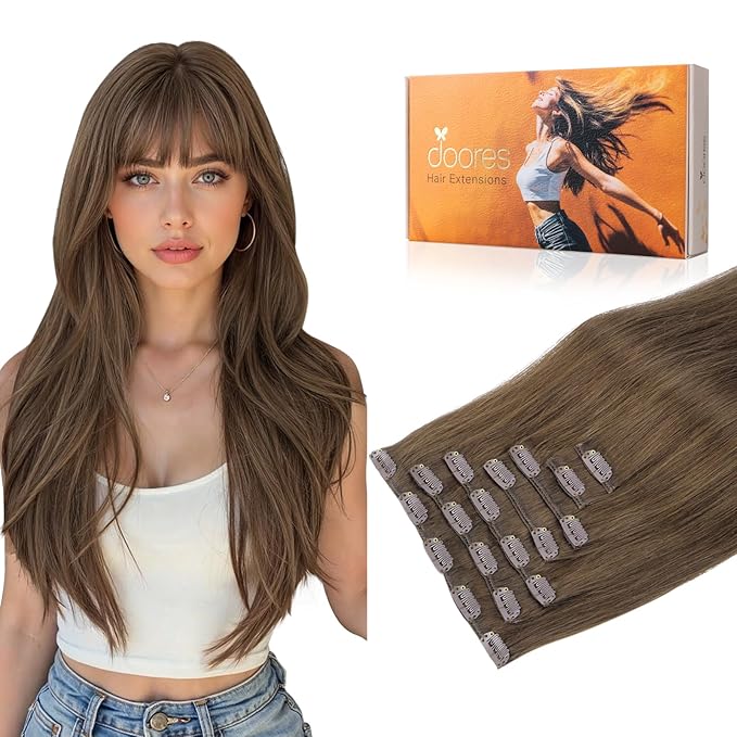DOORES Clip in Hair Extensions Real Human Hair, Dirty Light Ash Brown 120g 7pcs 20 Inch, Silky Clip in Extensions Remy Straight Thick Weft