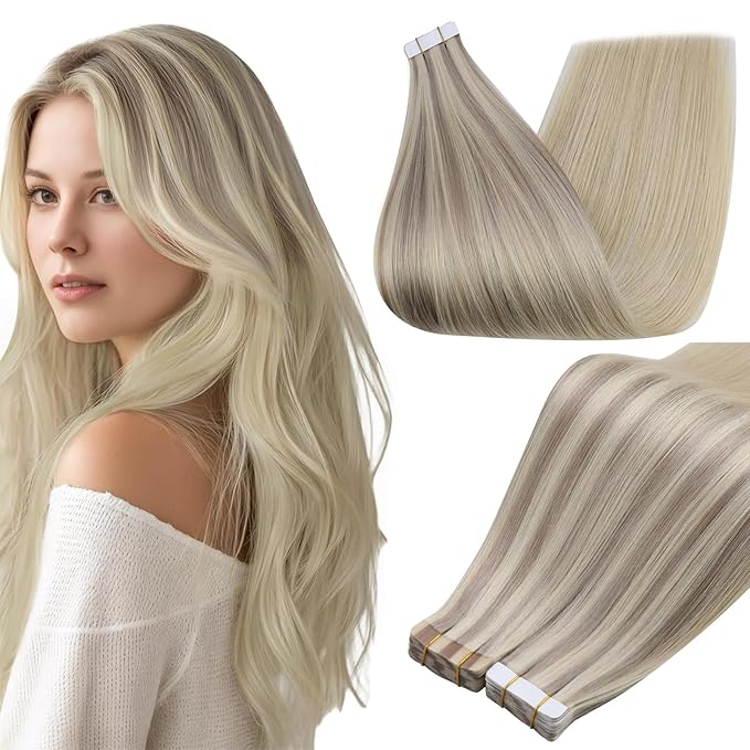 Full Shine Blonde Tape in Hair Extensions Color 18/22/60 Tape ins Extensions Human Hair 22 Inch Long Hair Extensions Real Human Hair Tape ins Seamless Human Hair Double Sided Tapes 50Gram 20Pcs