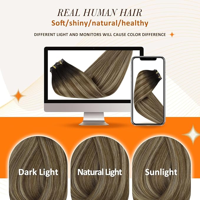 Full Shine Balayage Clip in Hair Extensions 22 Inch Seamless Hair Extensions Clip in Dark Brown to Medium Brown with Caramel Blonde Real Human Hair 8 PCS 120 G