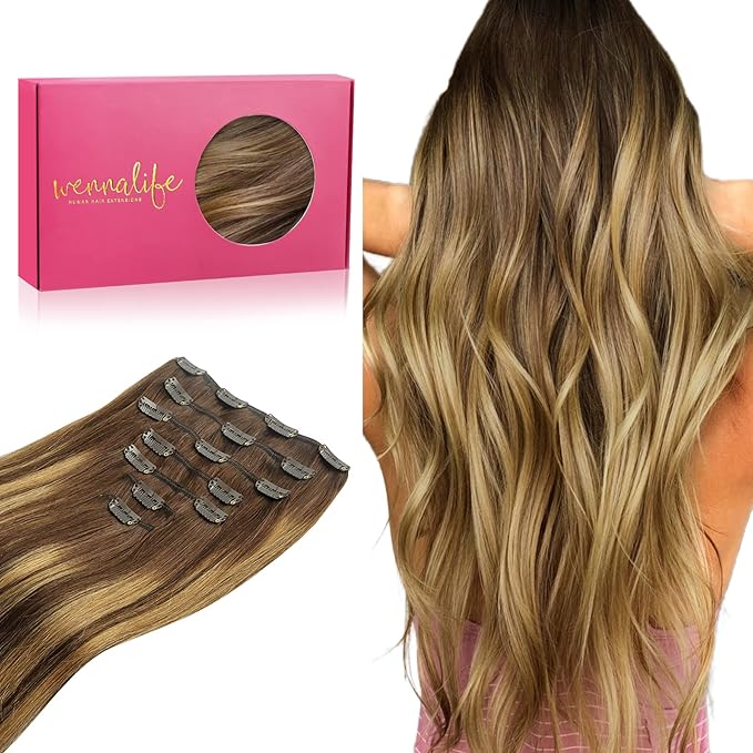 WENNALIFE Clip in Hair Extensions Real Human Hair, 24 Inch 120g 7pcs Balayage Chocolate Brown to Caramel Blonde Hair Extensions Clip in Human Hair Remy Clip in Hair Extensions Real Human Hair