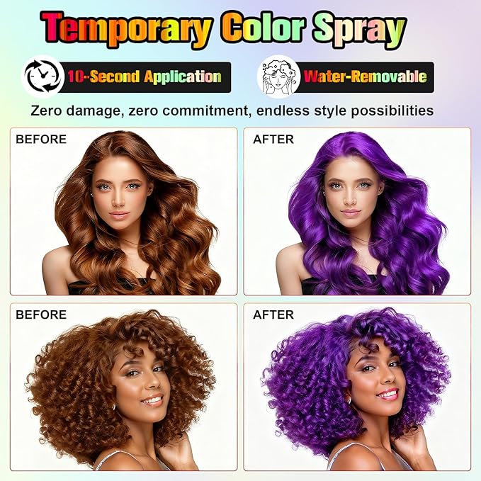 Temporary Hair Color Spray - Instant Washable Hair Dye for Kids & Adults, Non-Toxic & Non-Sticky Formula for Halloween, Cosplay, Parties & Festivals - Lasts All Day, Easy Wash Out -4.22oz (Purple)