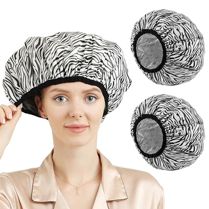 YIZIJIZI 2 Pieces Heat Cap for Deep Conditioning, Conditioning Cap Made of Aluminum Foil for Home and Salon Use, Hair Dyeing（Black white stripes）