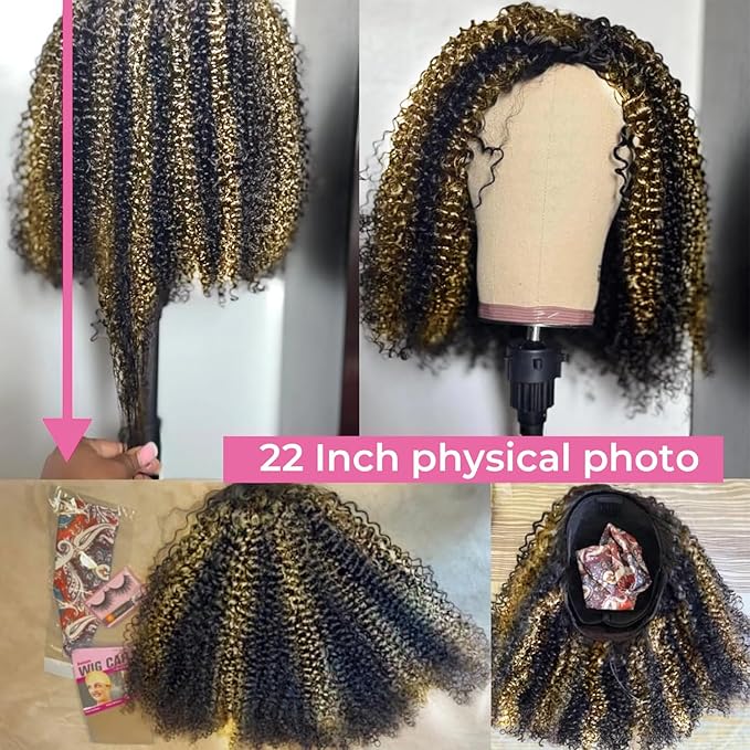 Kinky Curly Half Wig Human Hair 250% Density Ombre Wear Go Glueless Wigs Human Hair Hightlight Blonde Curly 3 In 1 Half Wigs for Women Drawstring Seamless Flip Headband Wig Beginner Friendly 16 Inch