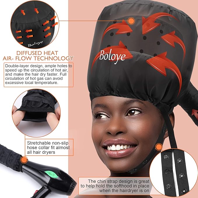 Hair Dryer Bonnet Attachment – 28.5" XL Hooded Dryer Cap for Faster Drying & Deep Conditioning, Extra-Large Space Fits Thick, Curly Hair & Styling Tools (Black, Universal)