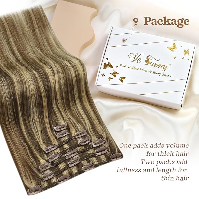 Ve Sunny 24 inch Hair Extensions Clip in Long Straight Real Hair Extensions Clip in Human Hair Dark Brown mit Blonde Clip in Hair Extensions 24Inch