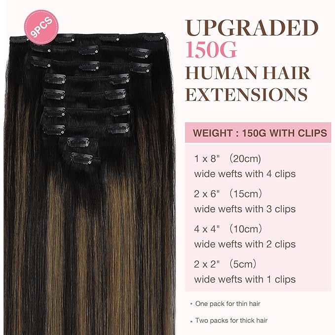 GOO GOO Clip in Hair Extensions Real Human Hair, Remy Human Hair Extensions Clip ins for Women, Natural Human Hair, 14inch 150g 9Pcs, 1B/6/1B Balayage Natural Black to Chestnut Brown