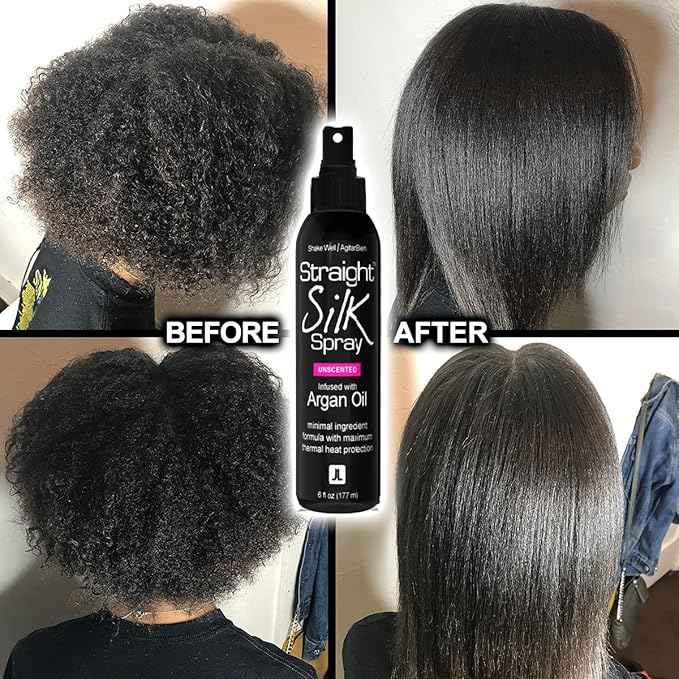 Straight Silk Spray with Moroccan Argan Oil Thermal Protector Spray | Hair Straightening & Detangler | Alcohol-Free | Heat Protectant up to 450°F | Flat-Iron | Blow-Dry | Unscented | MADE IN USA (6oz)