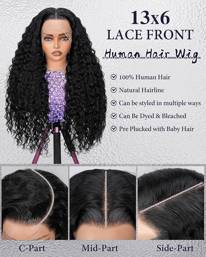 13X6 Deep Wave Lace Front Wigs Human Hair 220% Density SKINLIKE Real HD Lace Wig Wet and Wavy Human Hair Pre Plucked Wigs for Women Curly Lace Frontal Wig Natural Color(30inch)