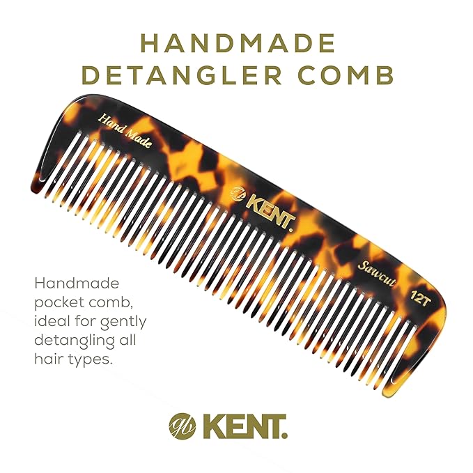Kent 12T TY Wide Tooth Detangling Comb - Handmade Pocket Comb for Thick, Curly, and Wavy Hair, Grooming Beard and Mustache - Saw-Cut