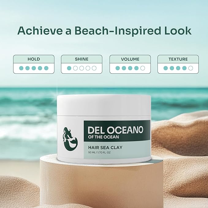 Del Océano Hair Styling Sea Clay - Strong Hold, Matte Finish, Nourishing Formula Hair Clay for Men, Ideal for Hairstyling Medium, Messy, Fine Thinning Hair Styles, 2.7 oz
