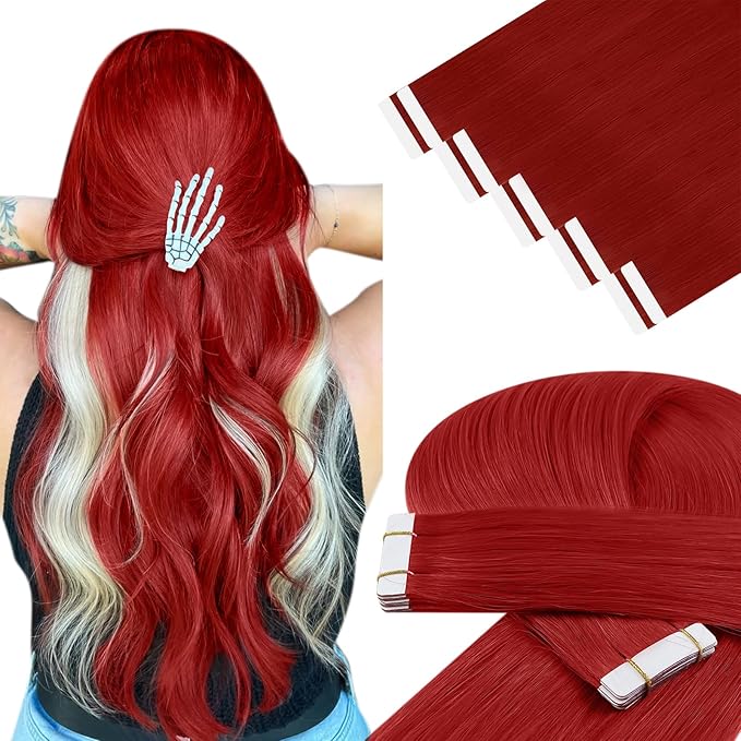 YoungSee Tape in Hair Extensions Red Tape in Extensions Human Hair 18Inch Tapes in Real Hair Red Long for Women 10Pcs 25G