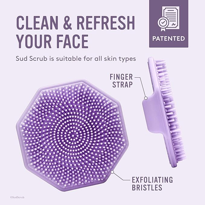 Sud Scrub® Antimicrobial Silicone Face Scrubber, 1 Pack, Gentle Face Exfoliator for Sensitive Skin, Eco Friendly Facial Cleansing Brush, Exfoliating Face Brush for Men and Women (Purple)