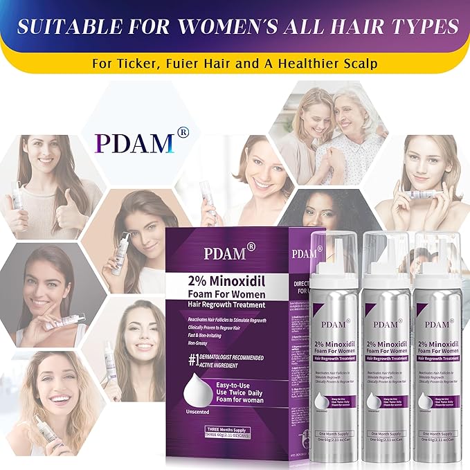 Minoxidil for Women Foam Hair Growth - Minoxidil Hair Regrowth Treatment for Women, Topical Solution Hair Loss Treatments, Thicker and Fuller Hair, 3-Month Supply, 3 x 2.11 oz