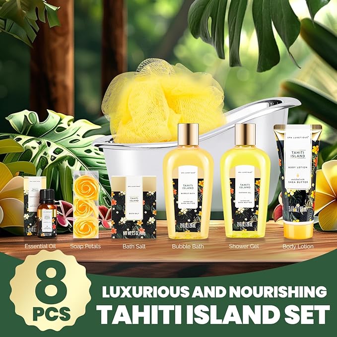 Spa Luxetique Spa Gift Baskets for Women - 8pcs Yellow Gifts for Women, Womens Gifts Includes Body Lotion, Bubble Bath, Bath Sets, Mothers Day Gifts for Mom