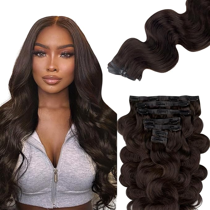 Lashey Seamless Clip in Hair Extensions Human Hair #2 Dark Brown Body Wave 7pcs 110g 14 Inch PU Weft Human Hair Clip in Extensions for Women