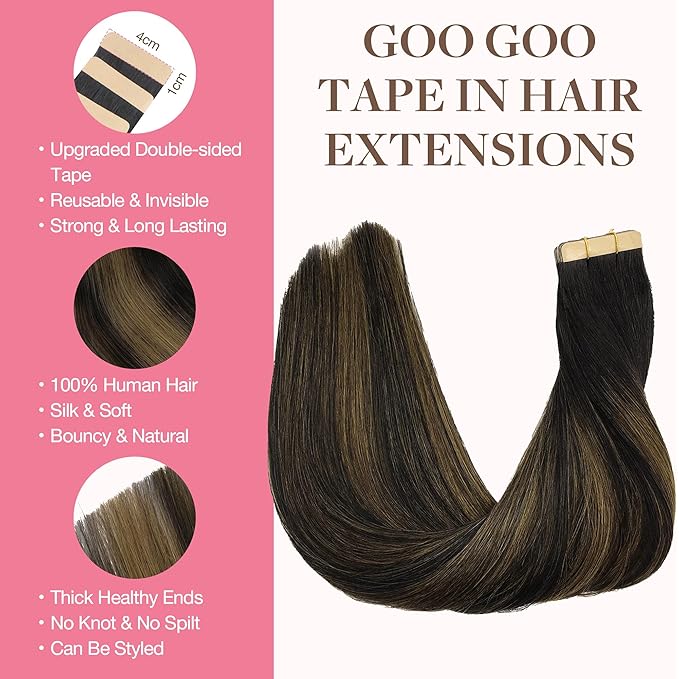 GOO GOO Tape in Hair Extensions Human Hair, 1B/6/1B Balayage Natural Black to Chestnut Brown, 20inch 30g 10pcs, Skin Weft Seamless Invisible, Silky Straight with Thick Ends, Remy Human Hair