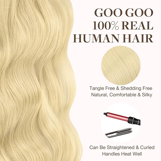GOO GOO Tape in Hair Extensions Human Hair, 613R Bleach Blonde, 14inch 25g 10pcs, Skin Weft Seamless Invisible, Silky Straight with Thick Ends, Remy Human Hair