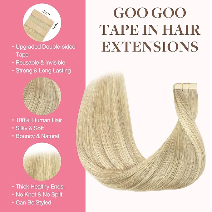 GOO GOO Tape in Hair Extensions Human Hair, 18ET90A Natural Blonde Balayage, 10inch 60g 40pcs, Skin Weft Seamless Invisible, Silky Straight with Thick Ends, Remy Human Hair