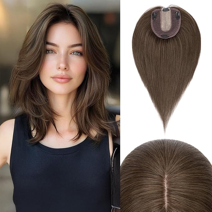 Rich Choices Hair Toppers for Women Real Human Hair 100% Human Remy Toppers NO Bangs for Women with Thinning on Top Clip in Hairpiece 4"x4.7"Lace Base 12 Inch #2R Chocolate Brown