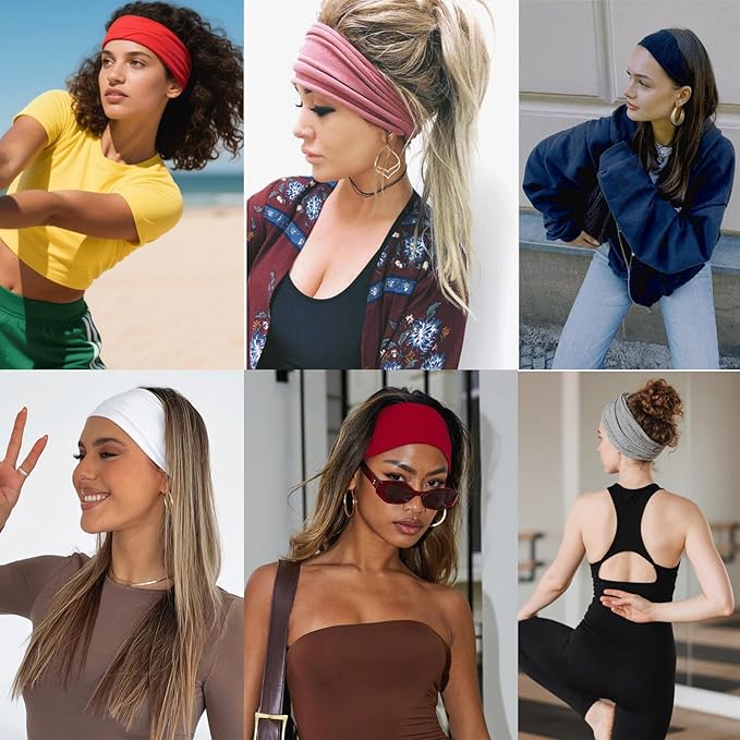 Boho Wide Headbands for Women Short Hair Floral Headbands Non Slip Elastic Sweat Hairbands Soft Fabric Hair Bands Workout Yoga Running Sport Thin Wrap for Girls