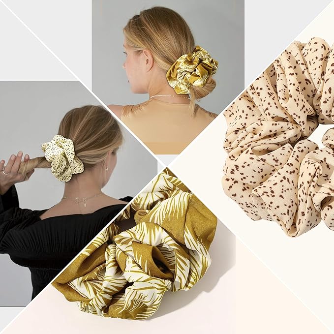 Scrunchies Hair Ties for Women - Big Silk Satin Scrunchie Exra Large Jumbo Gaint Oversized Cute Scrunchy for Curl Thick Hair Yellow Ligas Para el Cabello De Mujer Decorations Gift for Girls