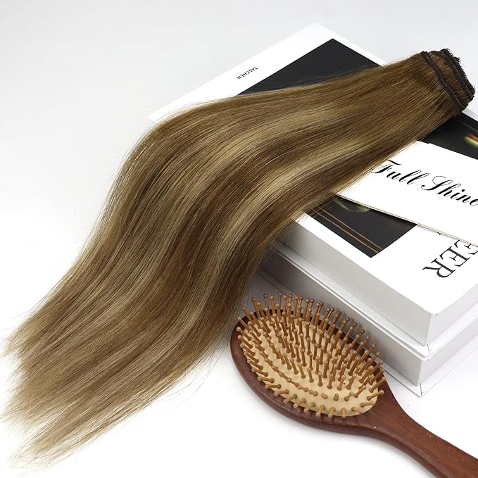 Full Shine Hair Extensions Clip Ins Brown Hair Extensions 12 Inch Real Hair Extensions Ombre Brown Fading to Honey Blonde Highlighted Short Natural Human Hair Extensions for Women 3Pcs 60Grams