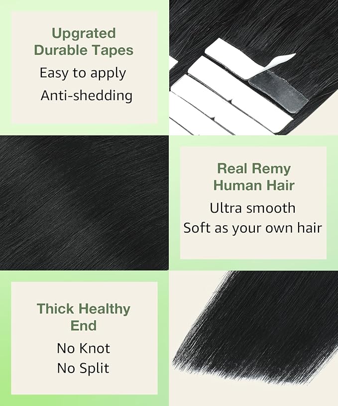 SURNEL Tape in Hair Extensions Human Hair Color 1 Jet Black Remy Tape in Hair Extensions 16 inch 20pcs 50g(#1-16)