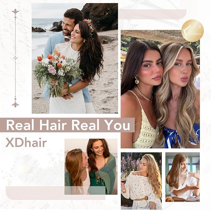 XDhair Clip in Hair Extensions 100g 6pcs 14 Inch Chocolate Brown to Caramel Blonde Real Human Hair Clip in Extensions Silky Straight for Women(14inch, #4/27/4)