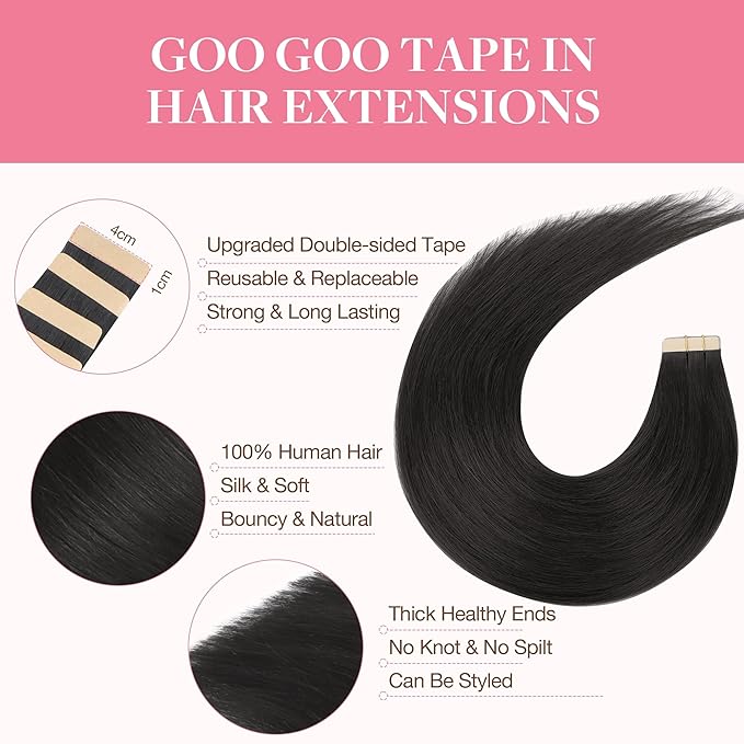 GOO GOO Tape in Hair Extensions Human Hair, 1B Natural black, 26inch 120g 40pcs, Skin Weft Seamless Invisible, Silky Straight with Thick Ends, Remy Human Hair