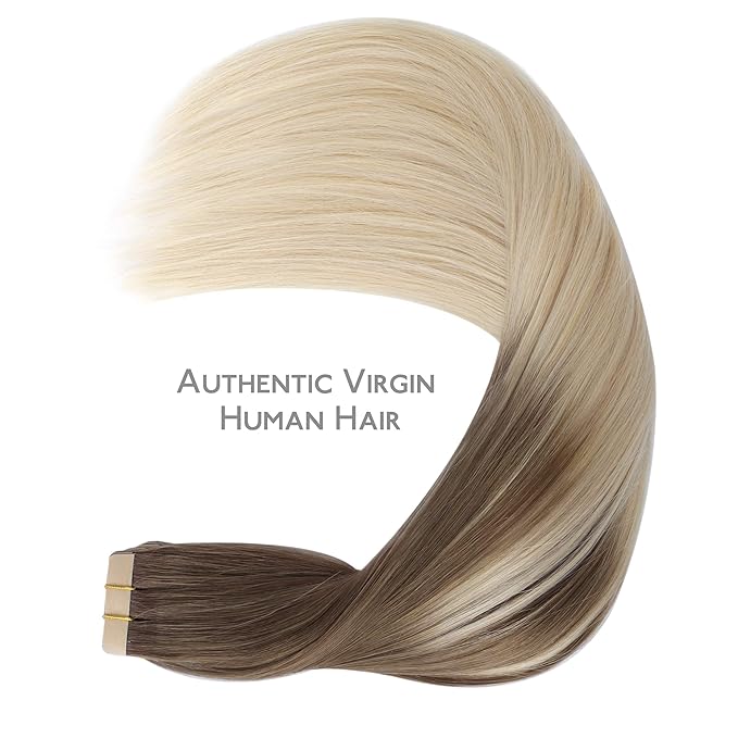 WENNALIFE Tape in Hair Extensions Human Hair, 20pcs 60g 26 inch Ombre Sandy Brown to Platinum Blonde Remy Hair Extensions Straight Human Hair Tape in Extensions Skin Weft Tape Extensions Human Hair