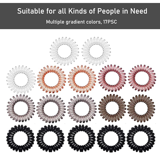 Hair Ties, 17 Pack Spiral Coils for Thick and Thin Hair - No Crease Ponytail Holders for Women and Children