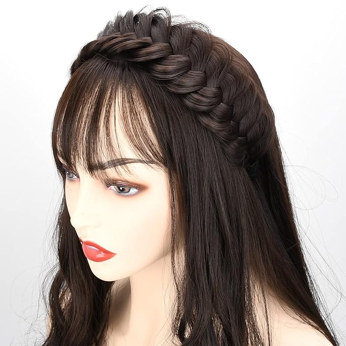 DIGUAN Wide Messy Braided Headband With Teeth Synthetic Hair Plaited Headband High Elasticity Braids Chunky Fishtail Braided Hair Band Hairpiece for Girls Women Beauty Accessory (Auburn)