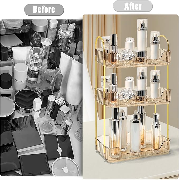 Bathroom Counter Organizer Countertop Storage Skincare Countertop Makeup Organizer Cosmetics Skincare Organizers Holder for Perfume-Amber-Golden Pole-3 Tier