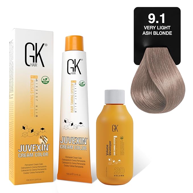 GK HAIR Global Keratin 9.1 Very Light Ash Blonde Hair Color Cream Tube (3.4 Fl Oz/100ml) + 20 Volume Developer (5 Fl Oz/150ml) - Professional Permanent Long Lasting Toner Dye