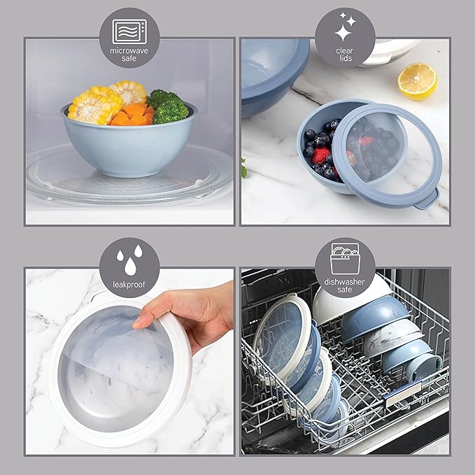 COOK WITH COLOR Mixing Bowls with TPR Lids - 12 Piece Plastic Nesting Bowls Set includes 6 Prep Bowls and 6 Lids, Microwave Safe Mixing Bowl Set (Blue and White)