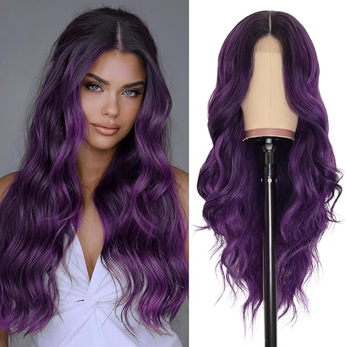 NAYOO Long Ombre Purple Wavy Wig for Women 26 Inch Middle Part Curly Wavy Wig Natural Looking Synthetic Heat Resistant Fiber for Daily Party (Ombre Purple)