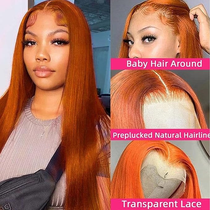 Ginger Wig Human Hair 13x4 Straight Ginger Orange Lace Front Wigs Human Hair HD Transparent Lace Frontal 350 Colored Wig Pre Plucked 180% Density 24inch