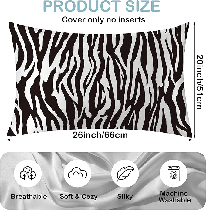Satin Pillowcase 1 Pack-Zebra Black and White Silky Pillow Cover for Hair and Skin,Standard Size 20x26 Inch Soft Cooling Printed Pillow Cases with Hidden Zipper,Gifts for Women Men
