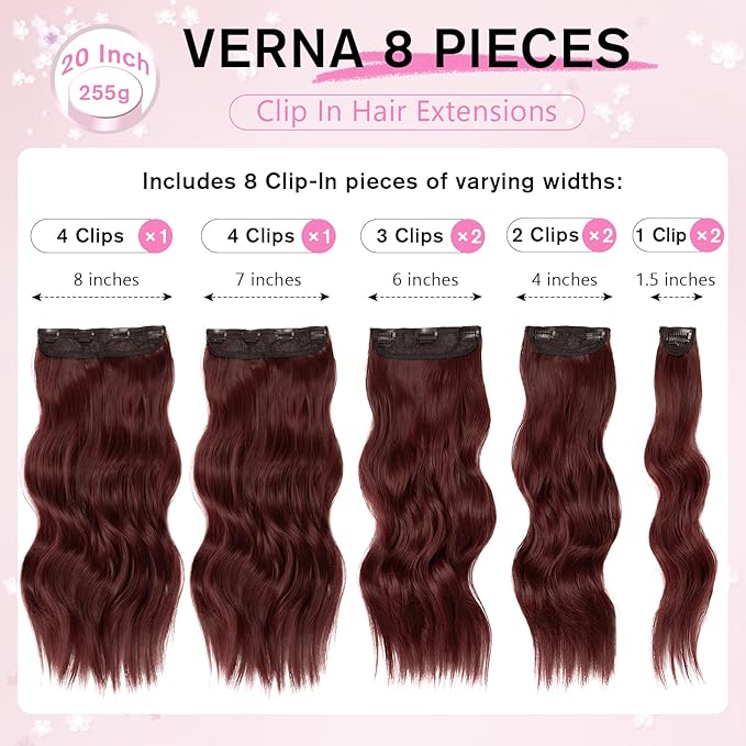 Clip in Hair Extensions for Women, 20 Inch 8PCS Red Hair Extensions Clip Ins Wavy, Synthetic Curly Hairpieces for Women, Invisible Lace Weft Hair Extension